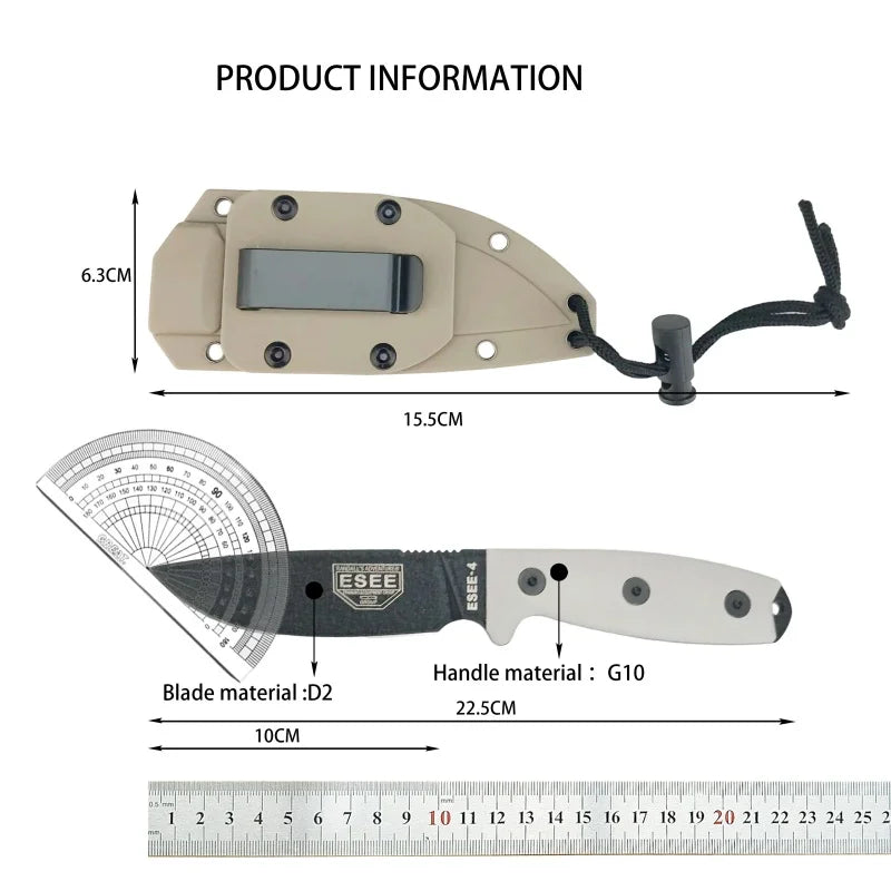 ESEE4 Straight Knife G10 Handle D2 Blade Wilderness Exploration, Hunting, Defense, Cutting and Multi-functional Tactical Knives